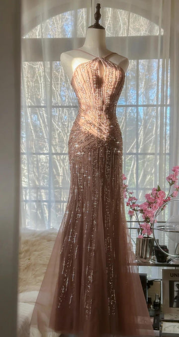 Niulatu Blush Pink Spaghetti Strap Mermaid Tulle Sequin Long Prom Dress Beaded Graduation Prom Adult Ceremony Dress HZ1026